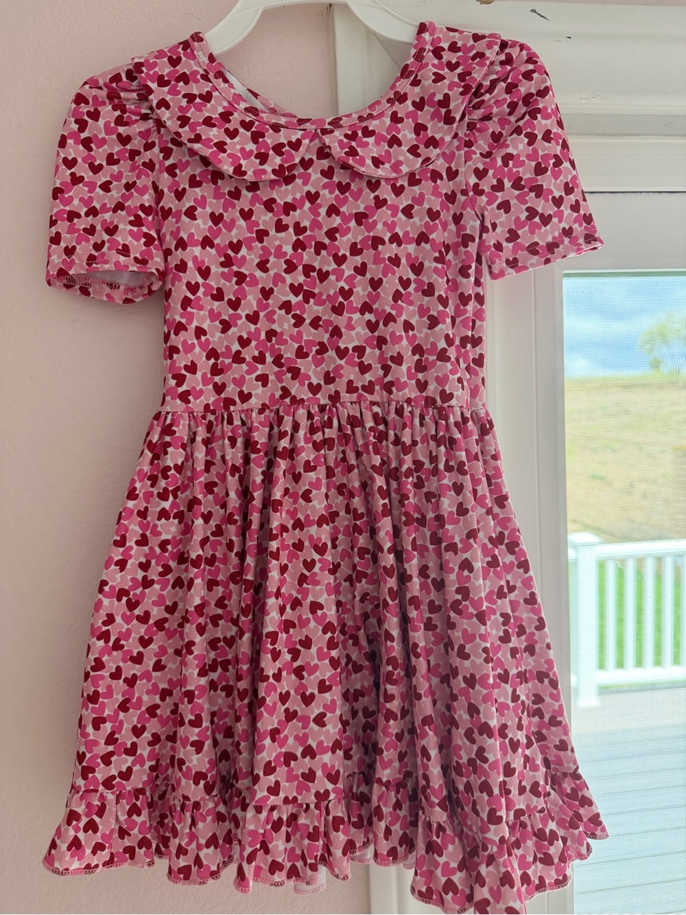 Girls' Pink Heart-Print Dress with Peter Pan Collar